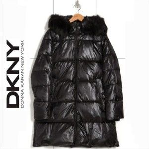 DKNY Cire Faux Fur Hooded Puffer Jacket Black Size XXS